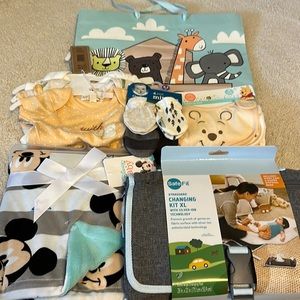 Baby Shower Gift 1 Disney baby blanket 3 bibs 3 onsies 1 portable changing pad
